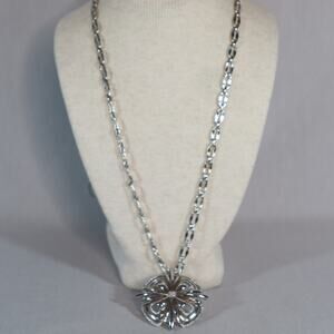 Monet 1960s  Atomic Starburst Pendant Necklace Rhodium Plated Oval Ornate Links